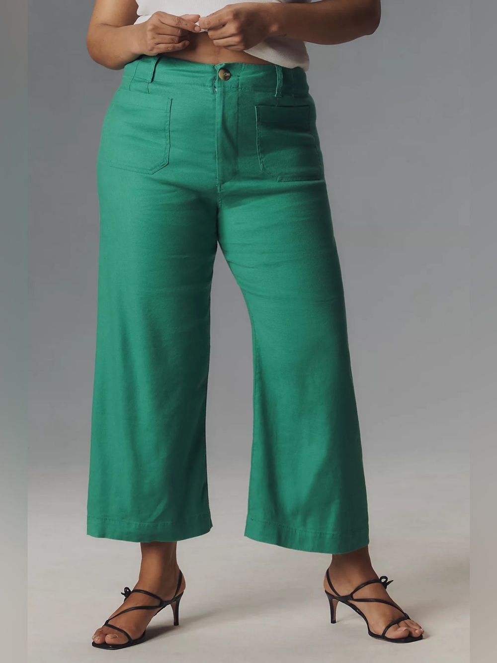 Anthropologie Maeve Colette Pants Green Linen Crop 24W High Rise Wide Leg